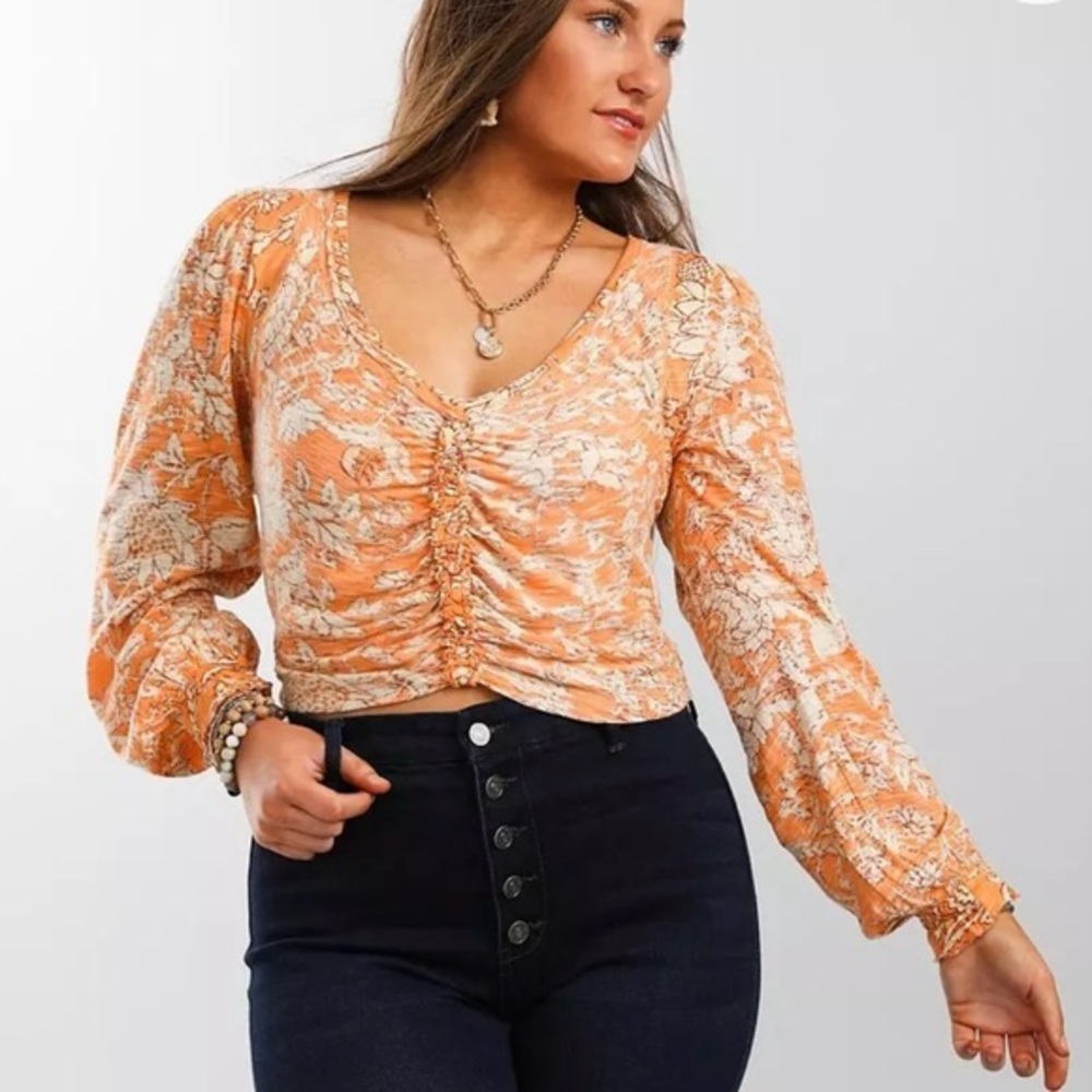 NWT FP  XS Say the Word Blood Orange combo rouched long sleeve blouse